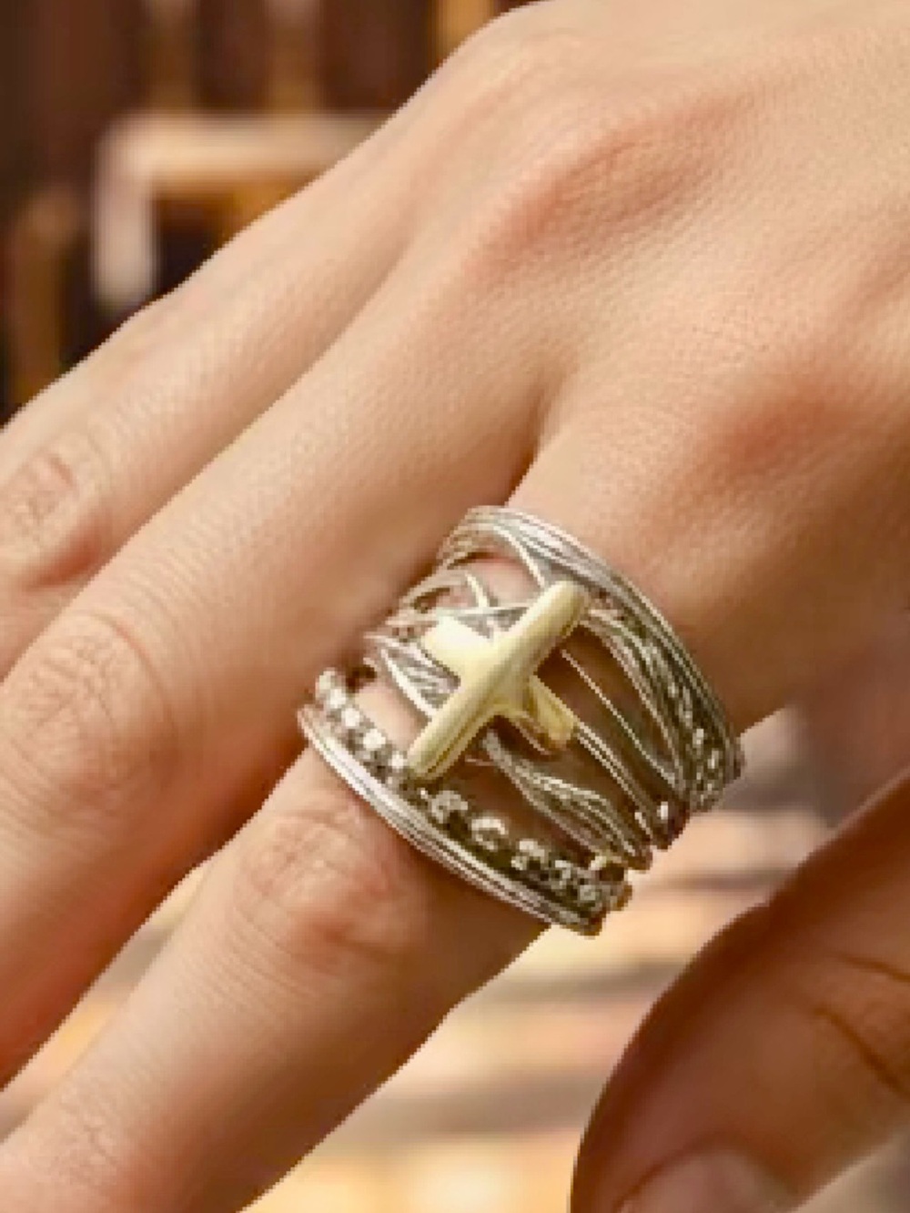 Women's Multi-Band Cross Ring in Silver with Gold Accent